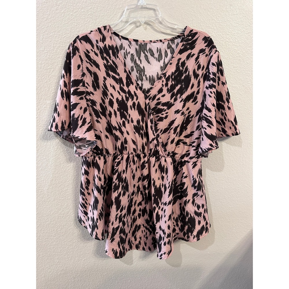 Shein Curve 2XL Pink Black Animal Print‎ Flutter Sleeve V Neck Blouse Top